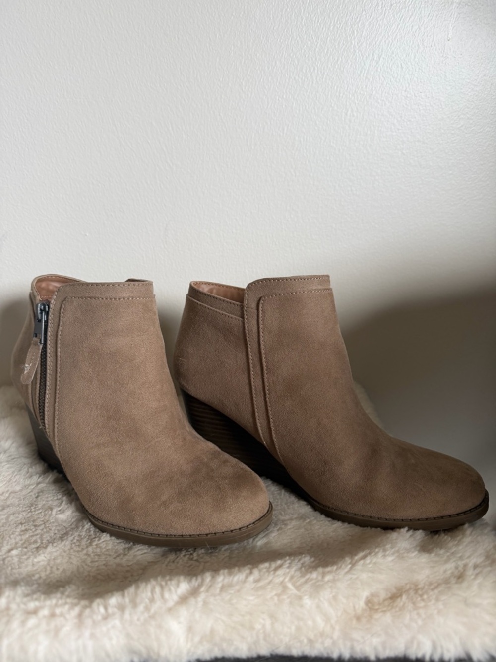 Time and Tru Taupe Suede Wedge Ankle Booties